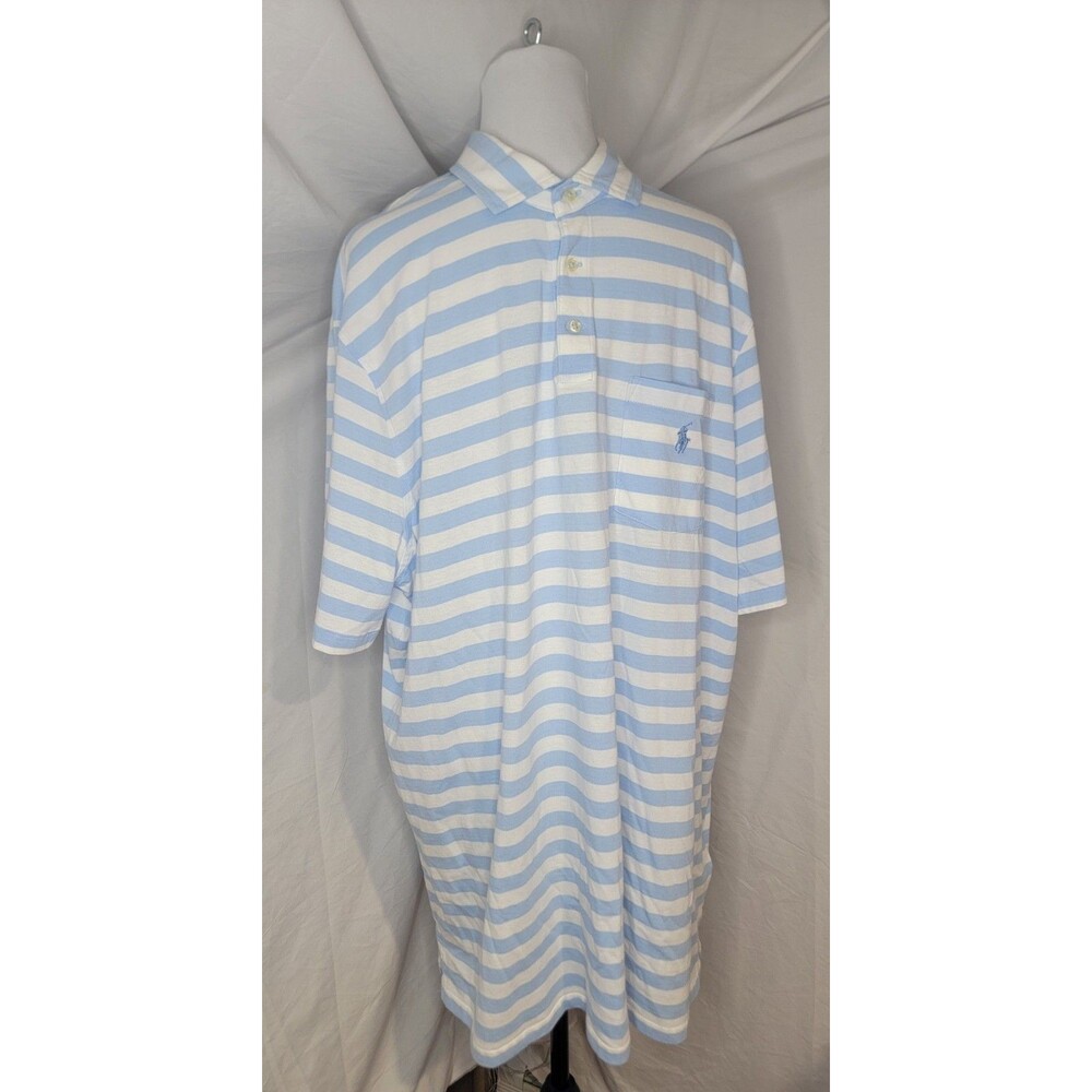 Ralph Lauren Mens XL Knit Oxford Short Sleeve Polo Shirt White Lt Blue Striped